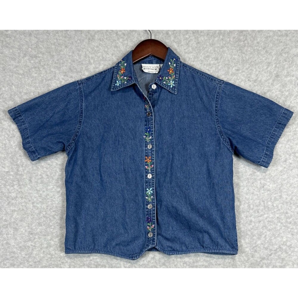 Allyson Whitmore Petite Denim Shirt Floral Embroidered Chambray Short Sleeve PS